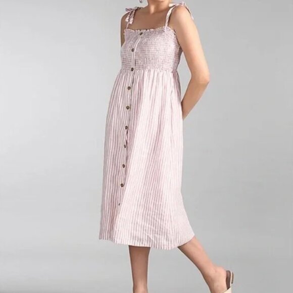 GAP 100% Linen Button-Front Midi Dress w/ Smocked Bodice and Tie Shoulder Straps - Picture 1 of 6